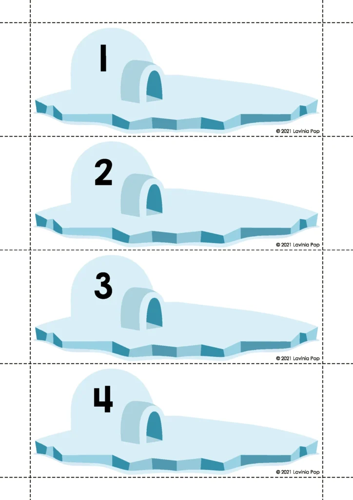 Polar Animals Preschool Centers number recognition activity with numbered ice igloos for counting and matching practice