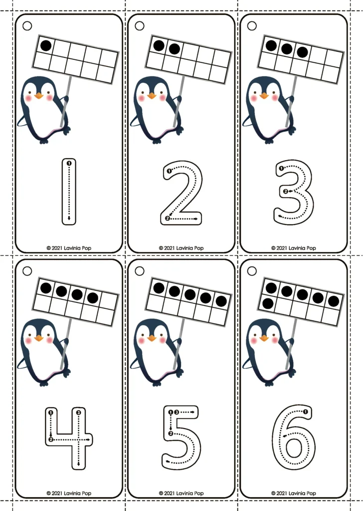 Polar Animals Preschool Centers number tracing cards with penguins and dotted numerals for fine motor practice