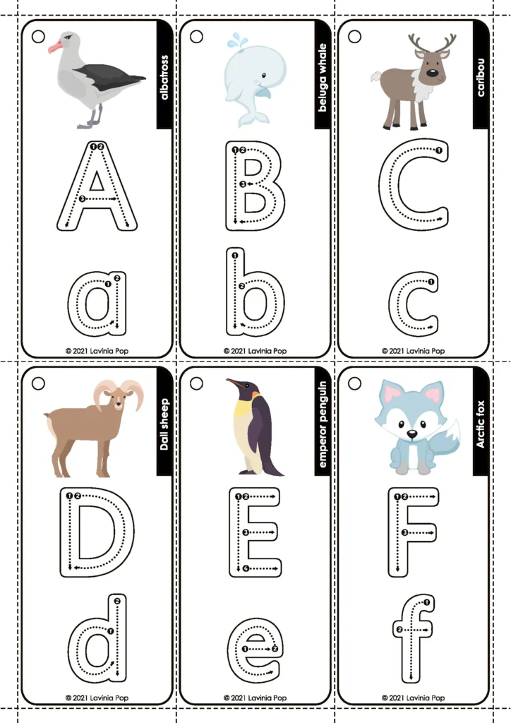 Polar Animals Preschool Centers alphabet tracing cards with arctic animals and uppercase and lowercase letters