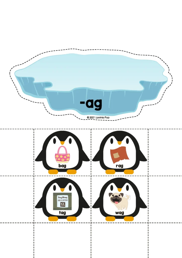 Polar Animals Preschool Centers word family sorting activity with penguins matching words ending in ag for early phonics practice