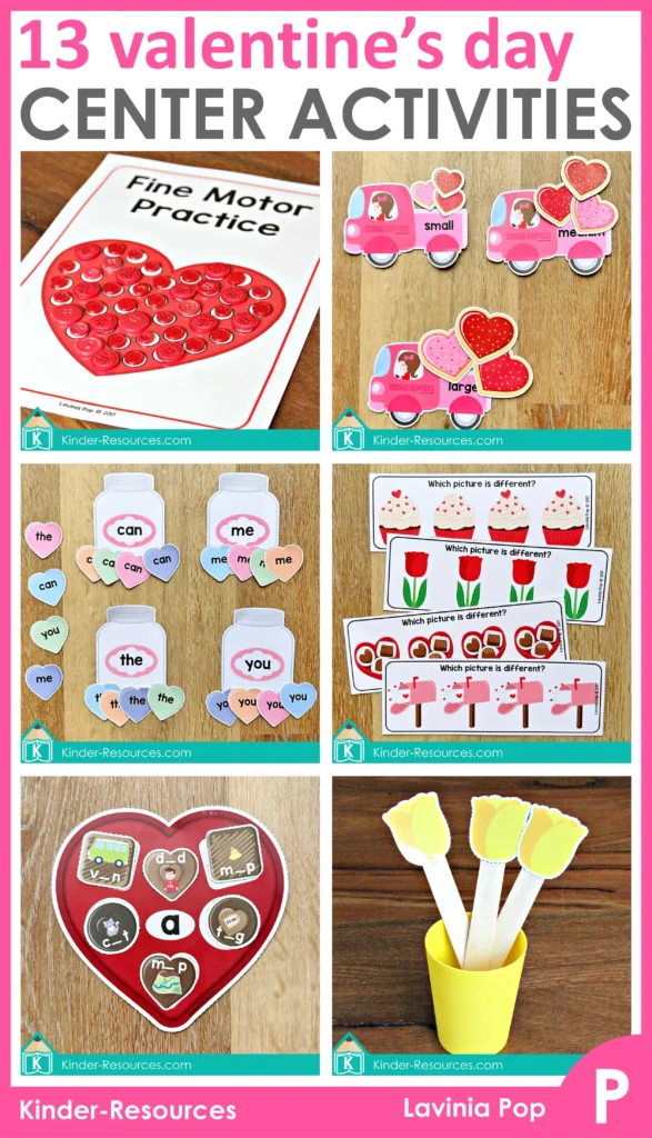 Valentine’s Day Centers for Preschool printable activities for February including fine motor centers, literacy centers, math centers, and hands on small group learning