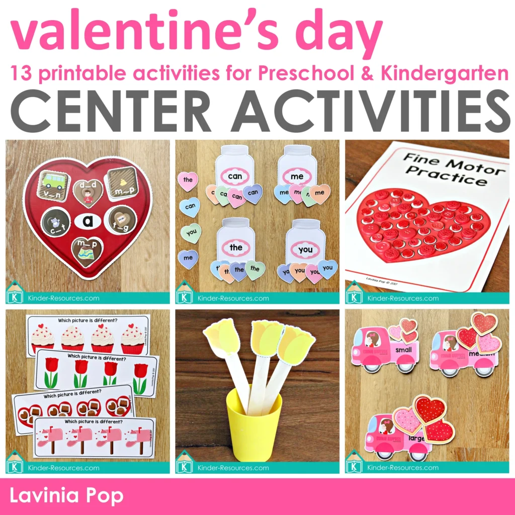 Valentine’s Day Centers for Preschool designed for morning tubs and learning centers with fine motor tasks, sight word sorting, visual discrimination, and early math activities
