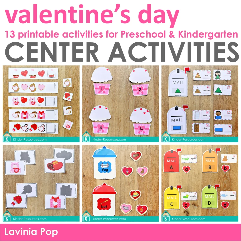 Valentine’s Day Centers for Preschool with hands on math and literacy center activities including beginning sounds, counting, shapes, patterns, rhyming, and fine motor practice