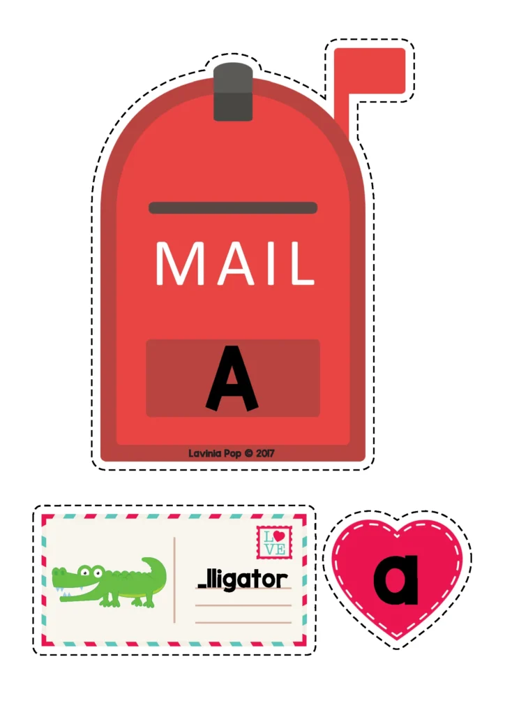 Valentine’s Day Centers for Preschool beginning sounds activity with alphabet mailboxes matching letter A to picture cards