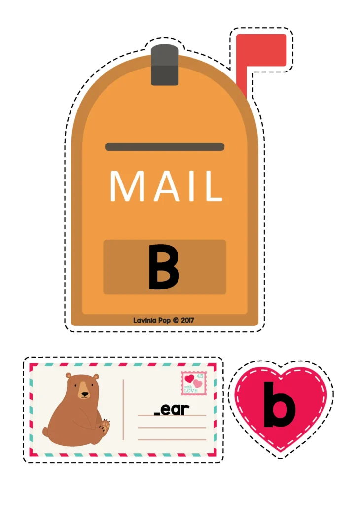 Valentine’s Day Centers for Preschool alphabet matching activity with letter B mailboxes and beginning sound picture cards