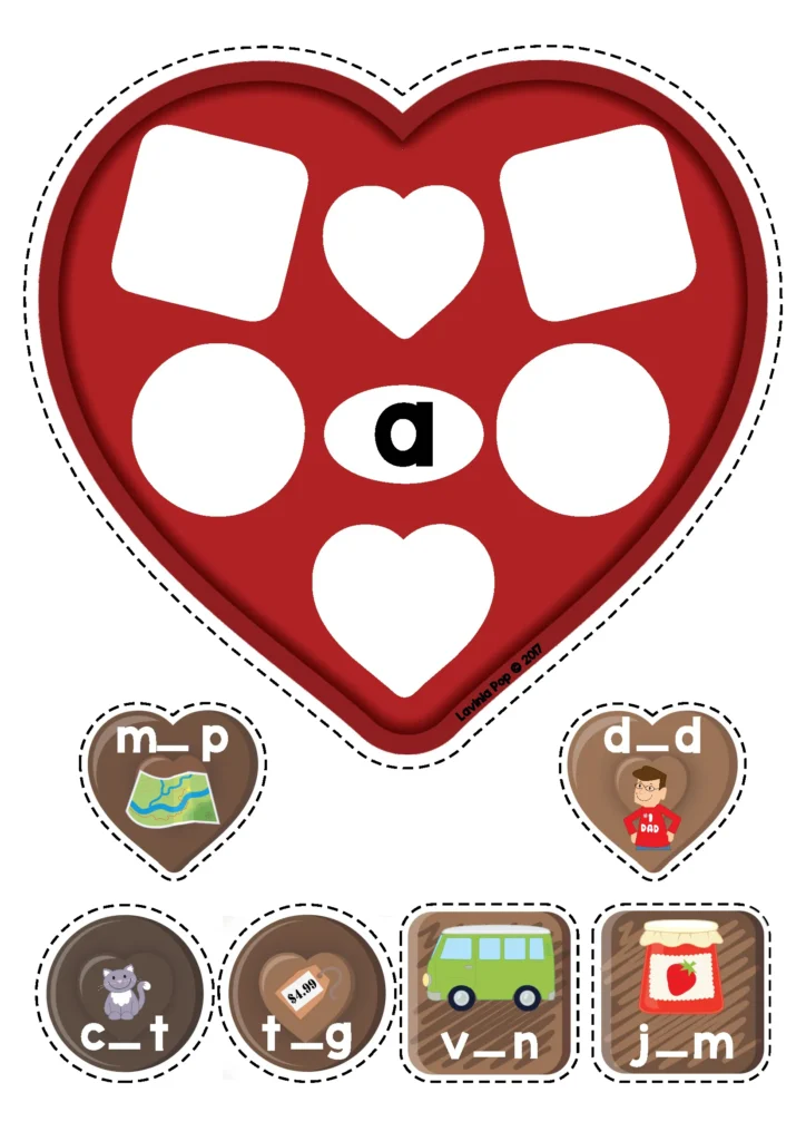 Valentine’s Day Centers for Preschool phonics activity identifying missing short A vowel sounds in CVC words