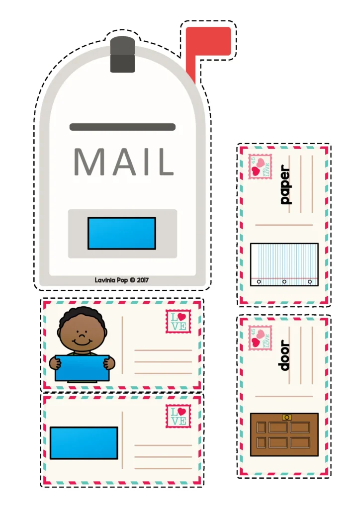 Valentine’s Day Centers for Preschool shape matching activity using rectangle postcards and mailbox