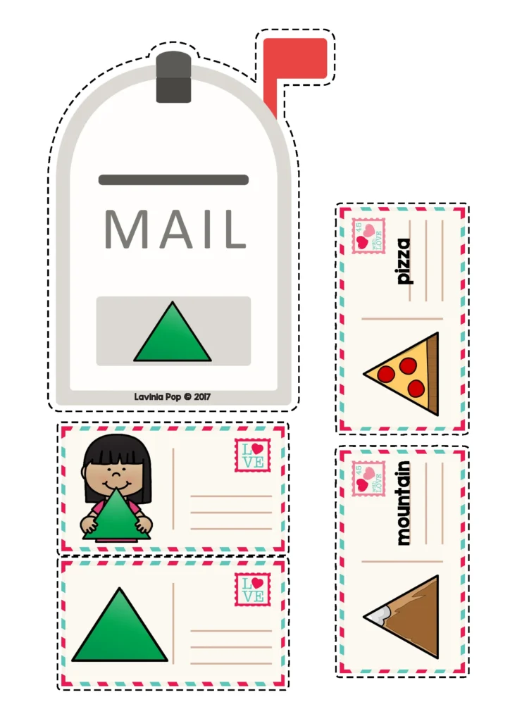 Valentine’s Day Centers for Preschool triangle shape recognition activity matching postcards to mailbox