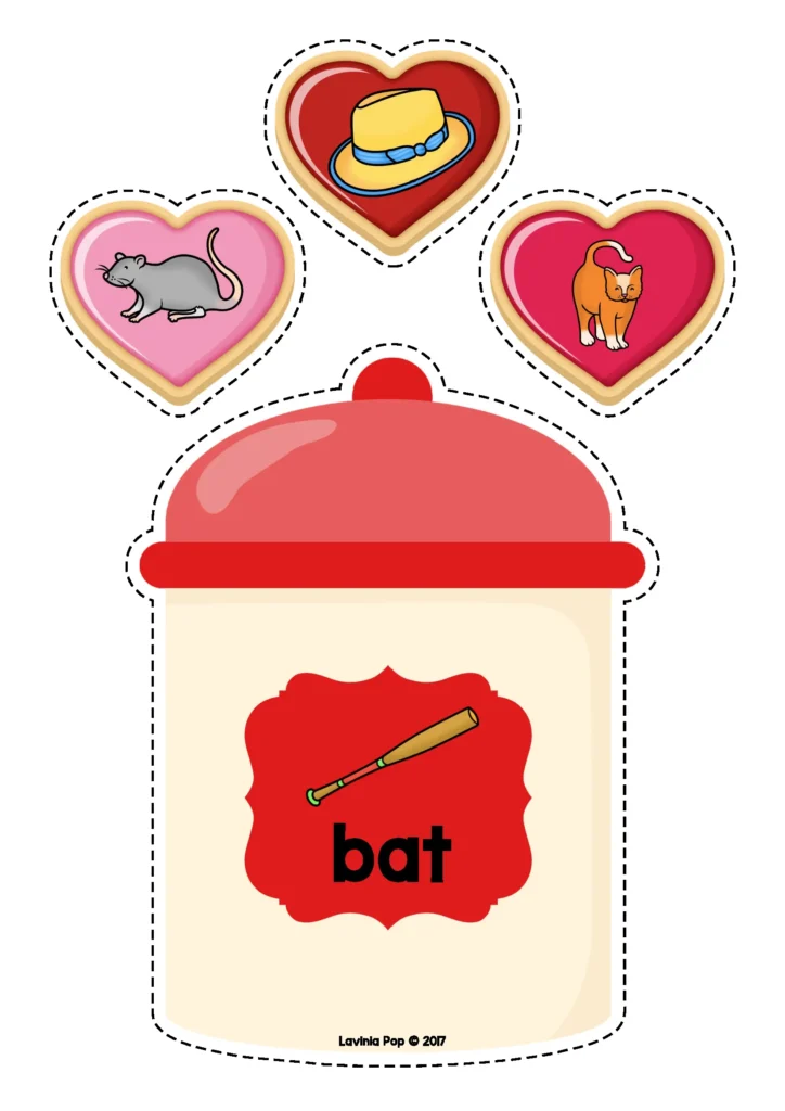 Valentine’s Day Centers for Preschool rhyming activity matching pictures that rhyme with bat