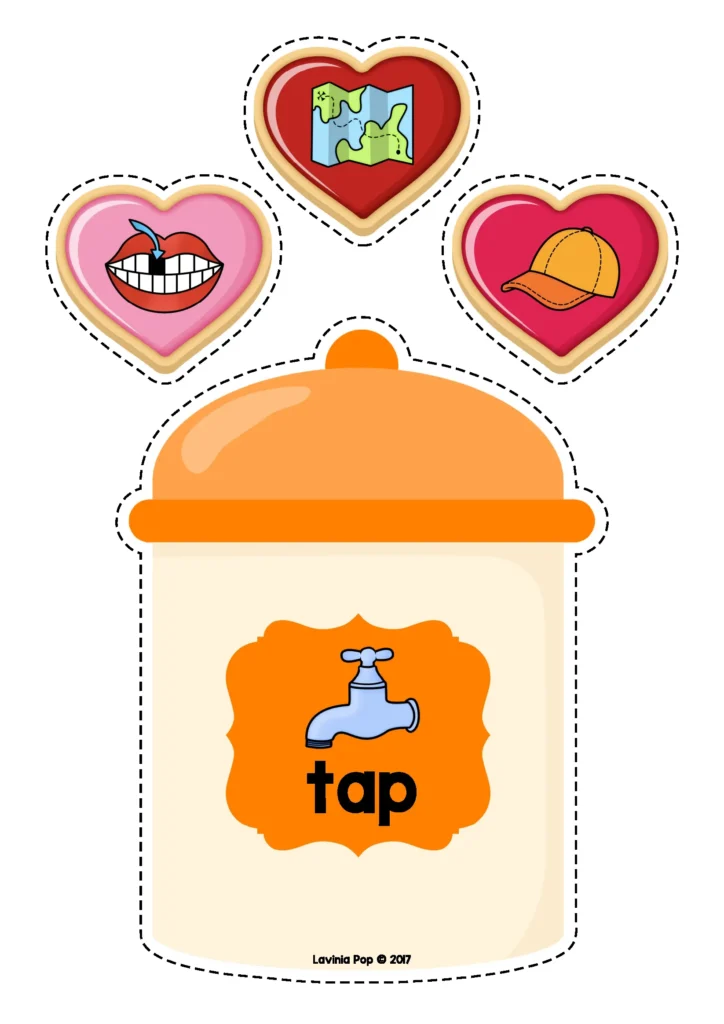 Valentine’s Day Centers for Preschool rhyming word activity matching pictures that rhyme with tap