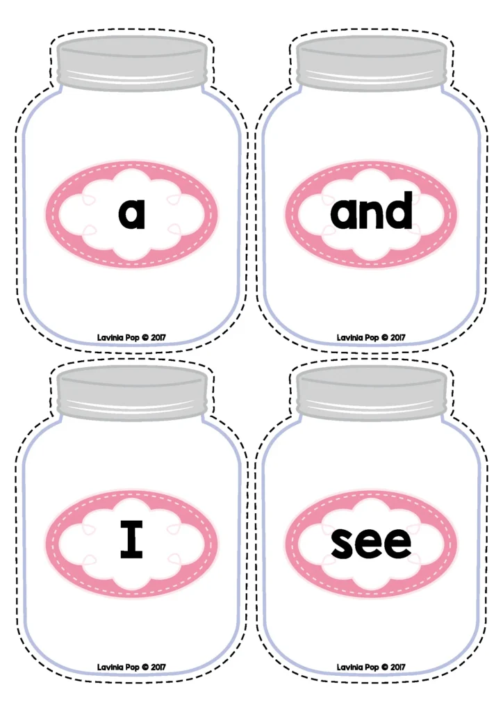 Valentine’s Day Centers for Preschool sight word sorting activity using labeled jars and word cards