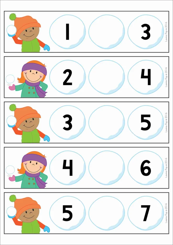 FREE Winter Centers for Preschool Morning Tubs and Bins missing number order activity using winter themed number sequence cards