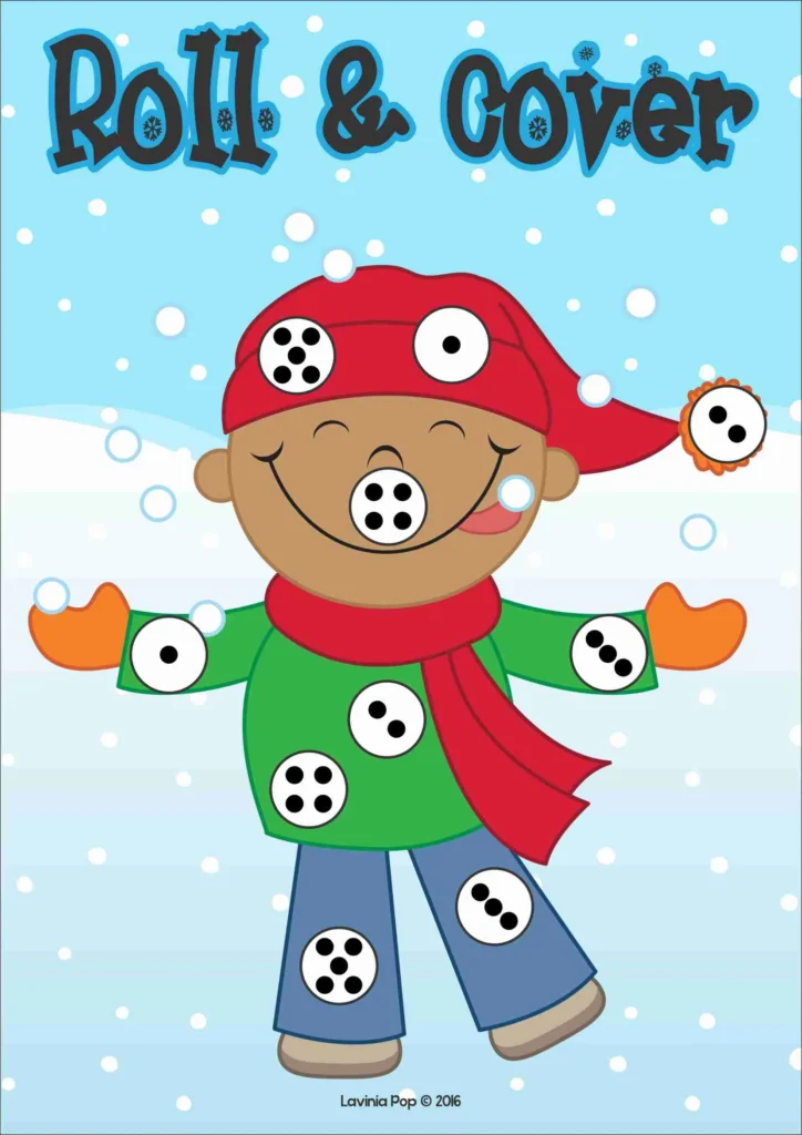 FREE Winter Centers for Preschool Morning Tubs and Bins roll and cover math game for counting and number recognition practice