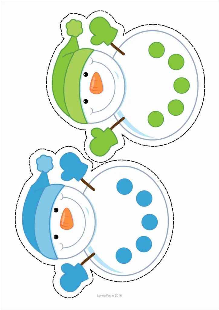 FREE Winter Centers for Preschool Morning Tubs and Bins snowman color matching activity using colored counters for counting and one to one correspondence