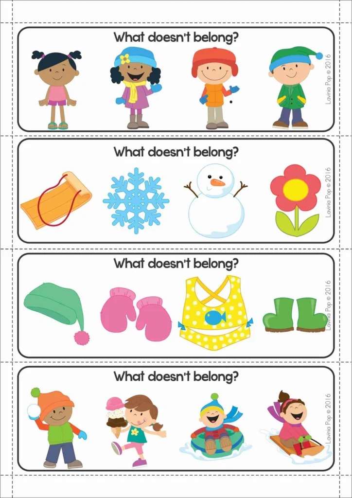 FREE Winter Centers for Preschool Morning Tubs and Bins what doesn’t belong activity building visual discrimination and reasoning skills