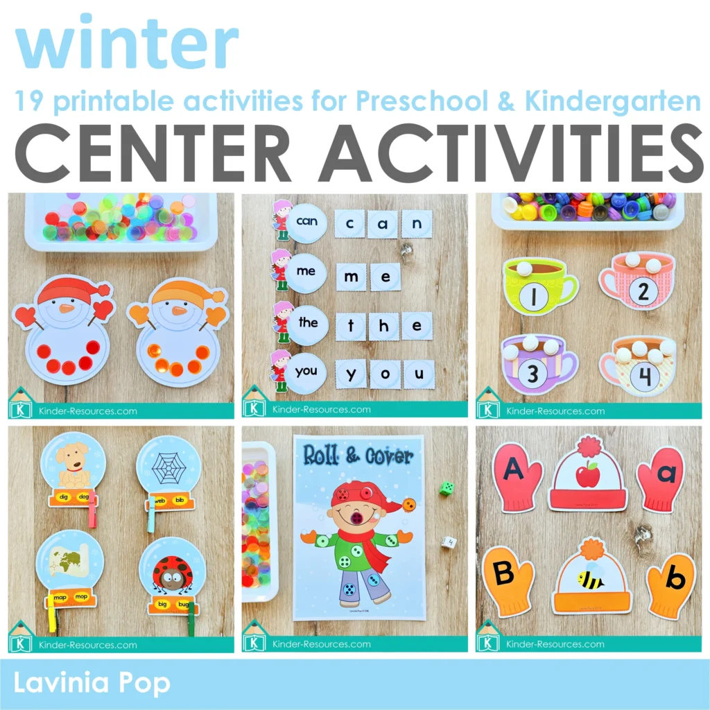 Winter Centers for Preschool Morning Tubs and Bins overview of 19 printable winter math and literacy center activities for preschool and kindergarten