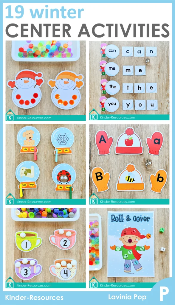 Winter Centers for Preschool Morning Tubs and Bins overview of 19 printable winter math and literacy center activities for preschool and kindergarten