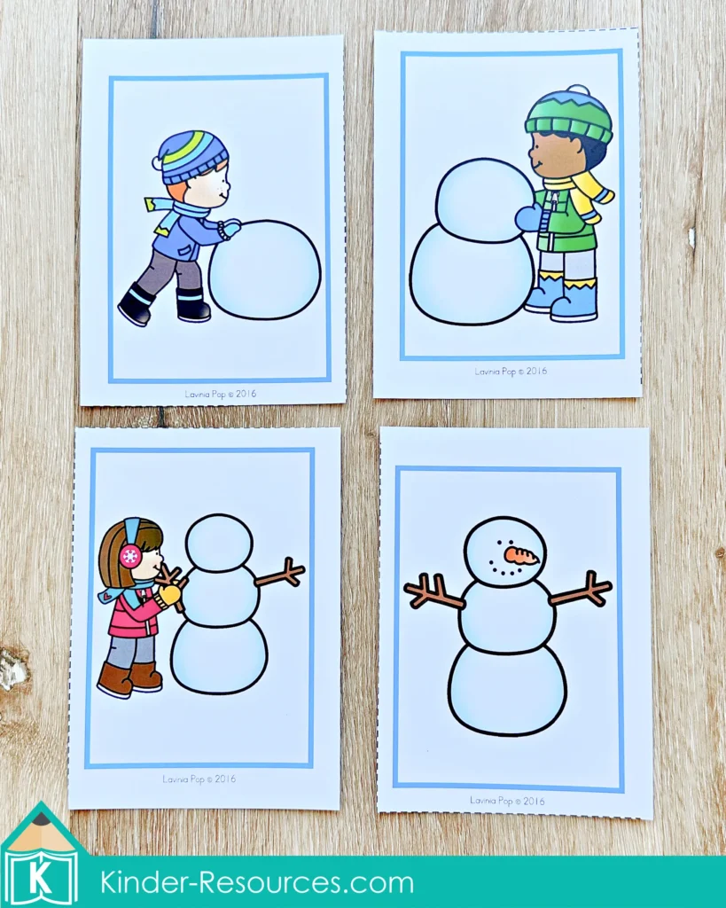 Winter Centers for Preschool Morning Tubs and Bins snowman sequencing activity showing steps for building a snowman
