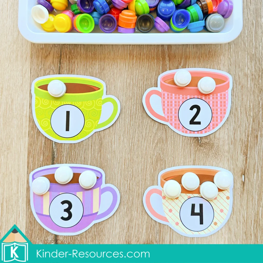 Winter Centers for Preschool Morning Tubs and Bins counting activity matching numbers to marshmallows in hot chocolate cups