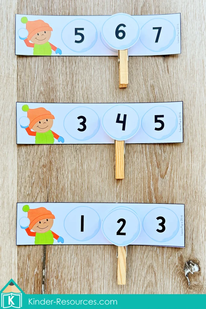 Winter Centers for Preschool Morning Tubs and Bins missing numbers activity completing number sequences with clip cards