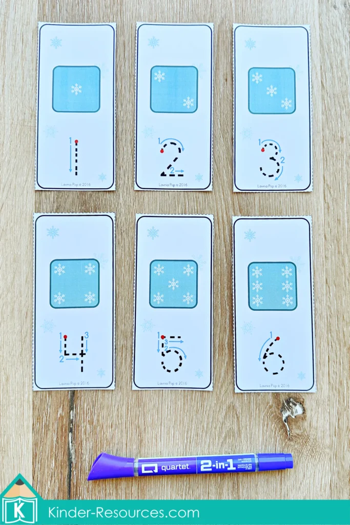 Winter Centers for Preschool Morning Tubs and Bins number tracing cards practicing correct number formation from 1 to 10