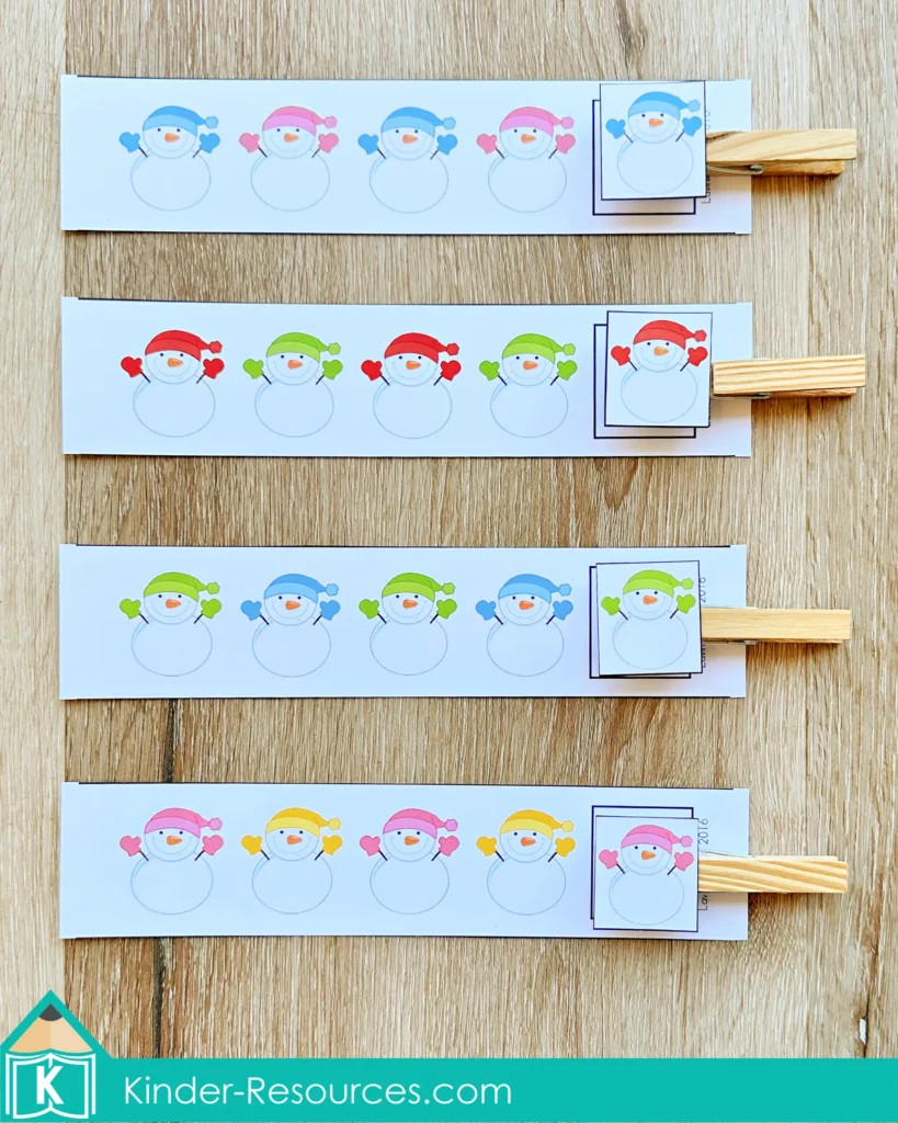 Winter Centers for Preschool Morning Tubs and Bins snowman color pattern activity with AB, ABB, and ABC patterns