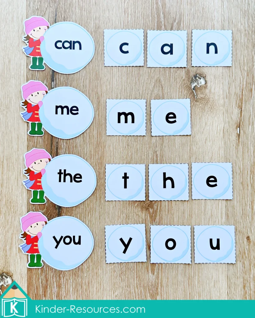 Winter Centers for Preschool Morning Tubs and Bins sight word building activity using snowball letter pieces