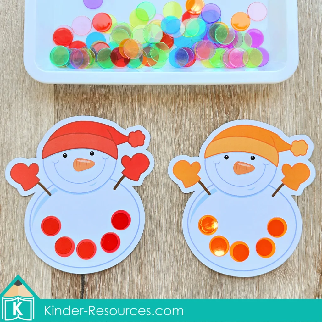 Winter Centers for Preschool Morning Tubs and Bins color matching activity using snowman cards and counters