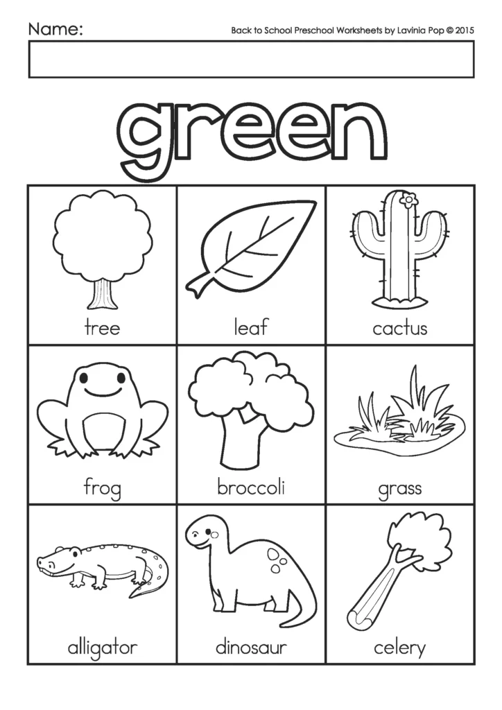 Back to School Preschool Worksheets color recognition page with green pictures including tree, leaf, cactus, frog, broccoli, grass, dinosaur, and celery