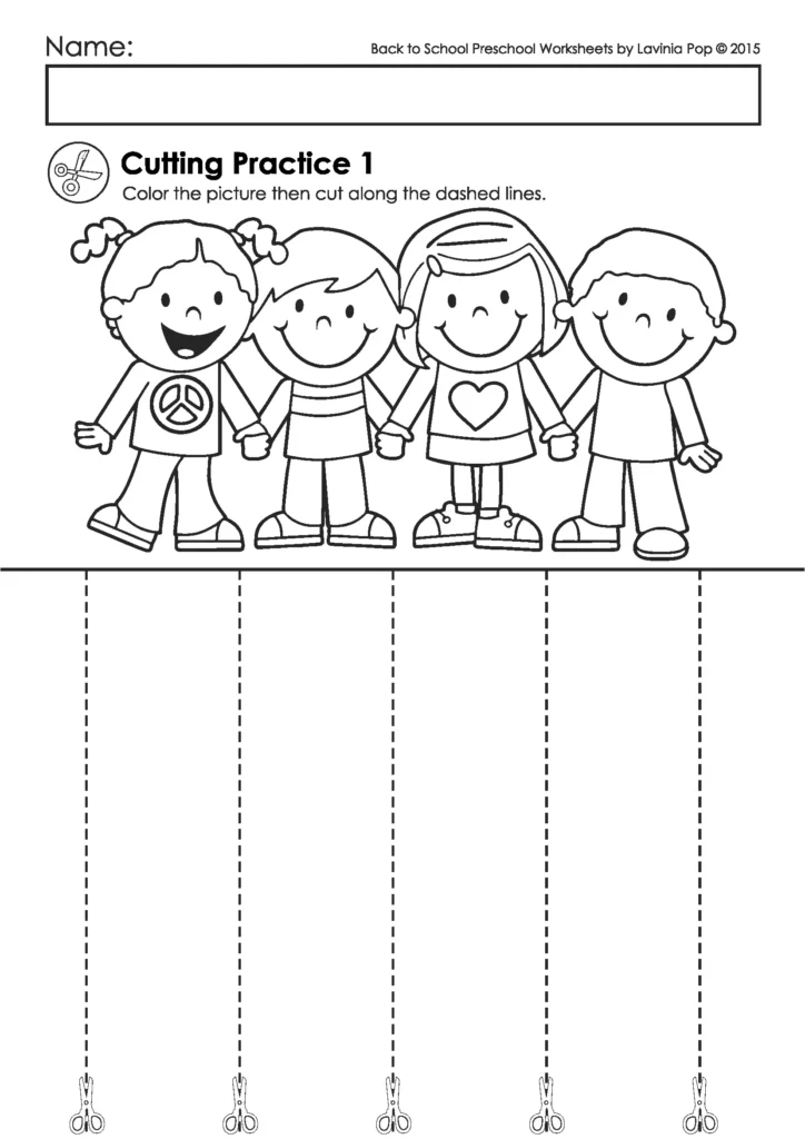 Back to School Preschool Worksheets cutting practice page with straight line scissor skills activity for preschool children