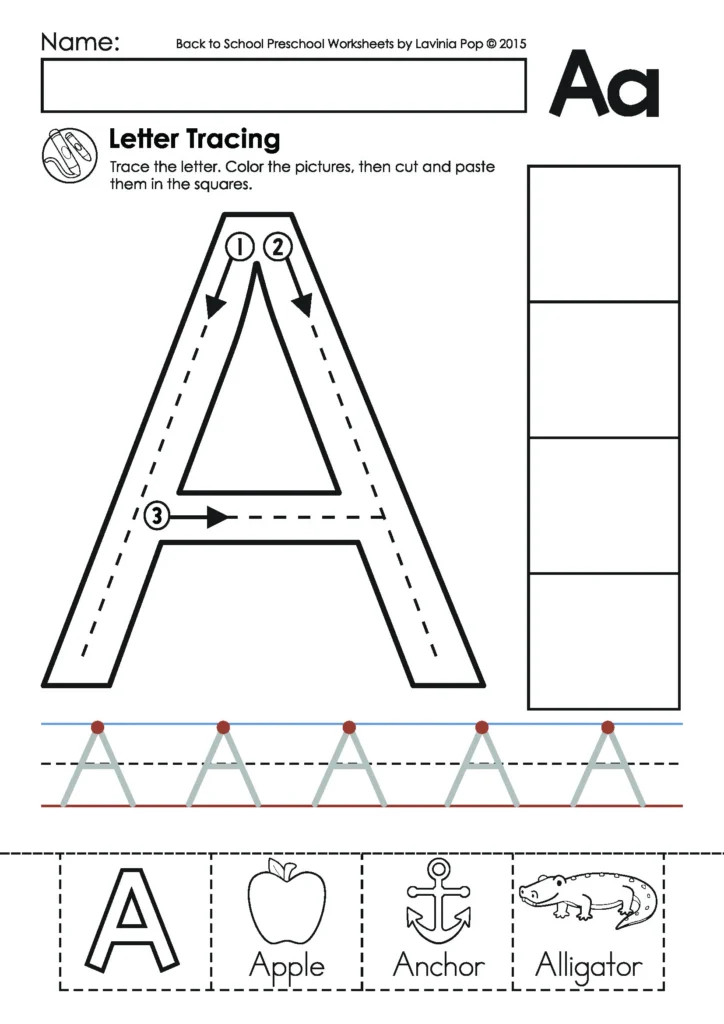 Back to School Preschool Worksheets letter tracing page for uppercase A with tracing, writing practice, and cut and paste pictures