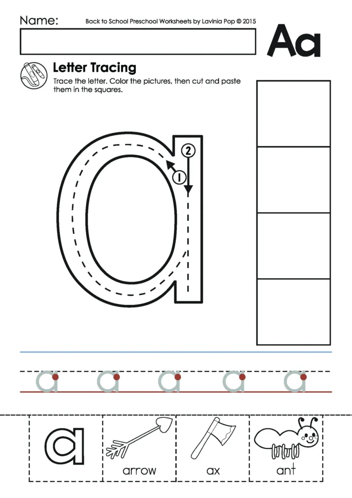 Back to School Preschool Worksheets letter tracing page for lowercase a with tracing, handwriting practice, and cut and paste images
