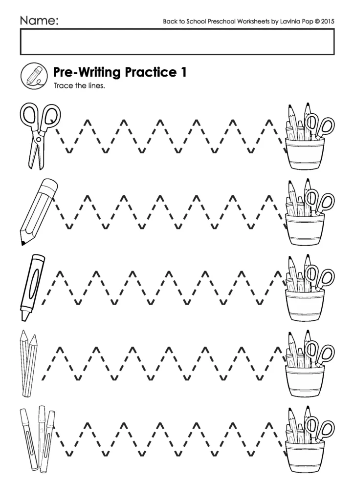 Back to School Preschool Worksheets pre writing practice page with line tracing patterns for fine motor development