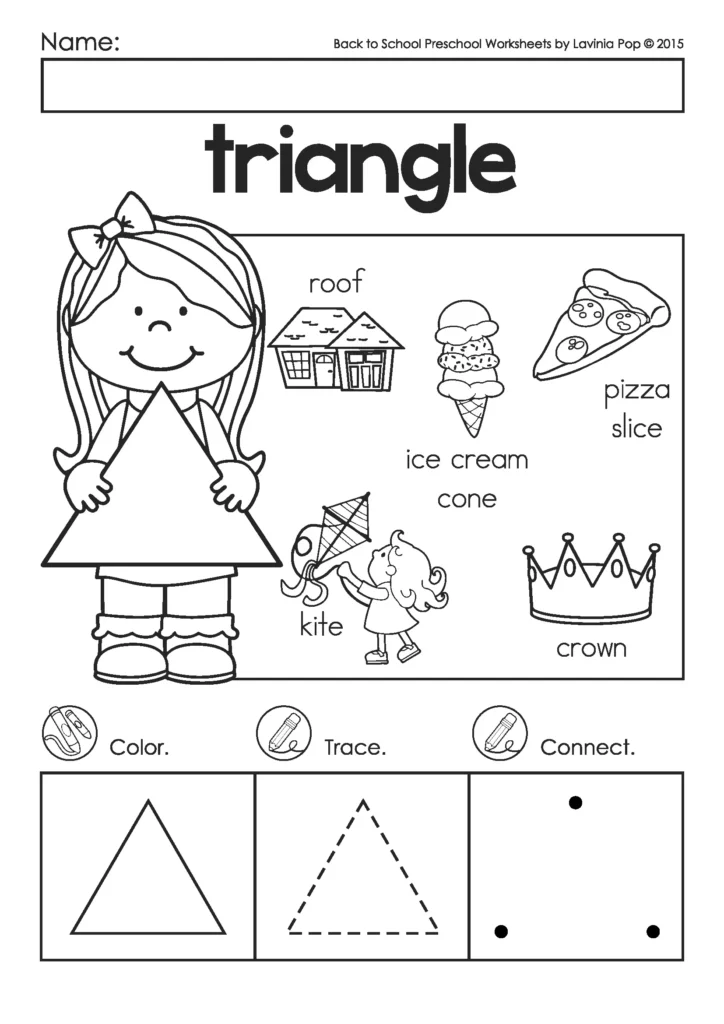 Back to School Preschool Worksheets shape recognition page focusing on triangle with tracing, coloring, and dot connection activities