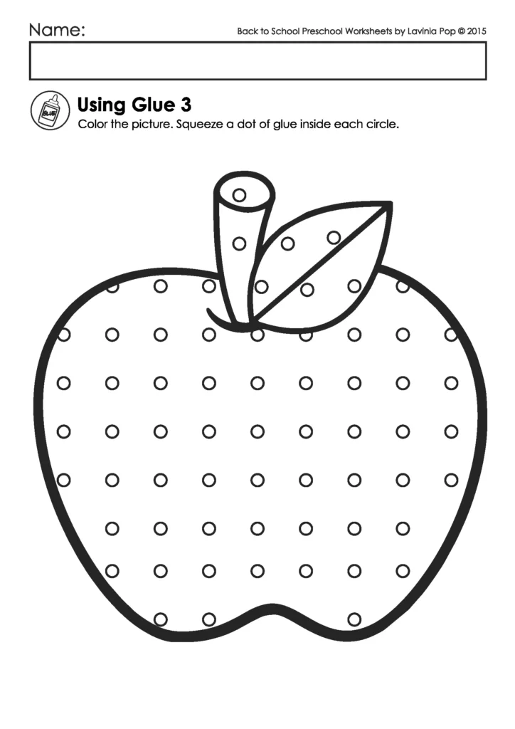 Back to School Preschool Worksheets fine motor gluing activity with dot glue practice on an apple picture