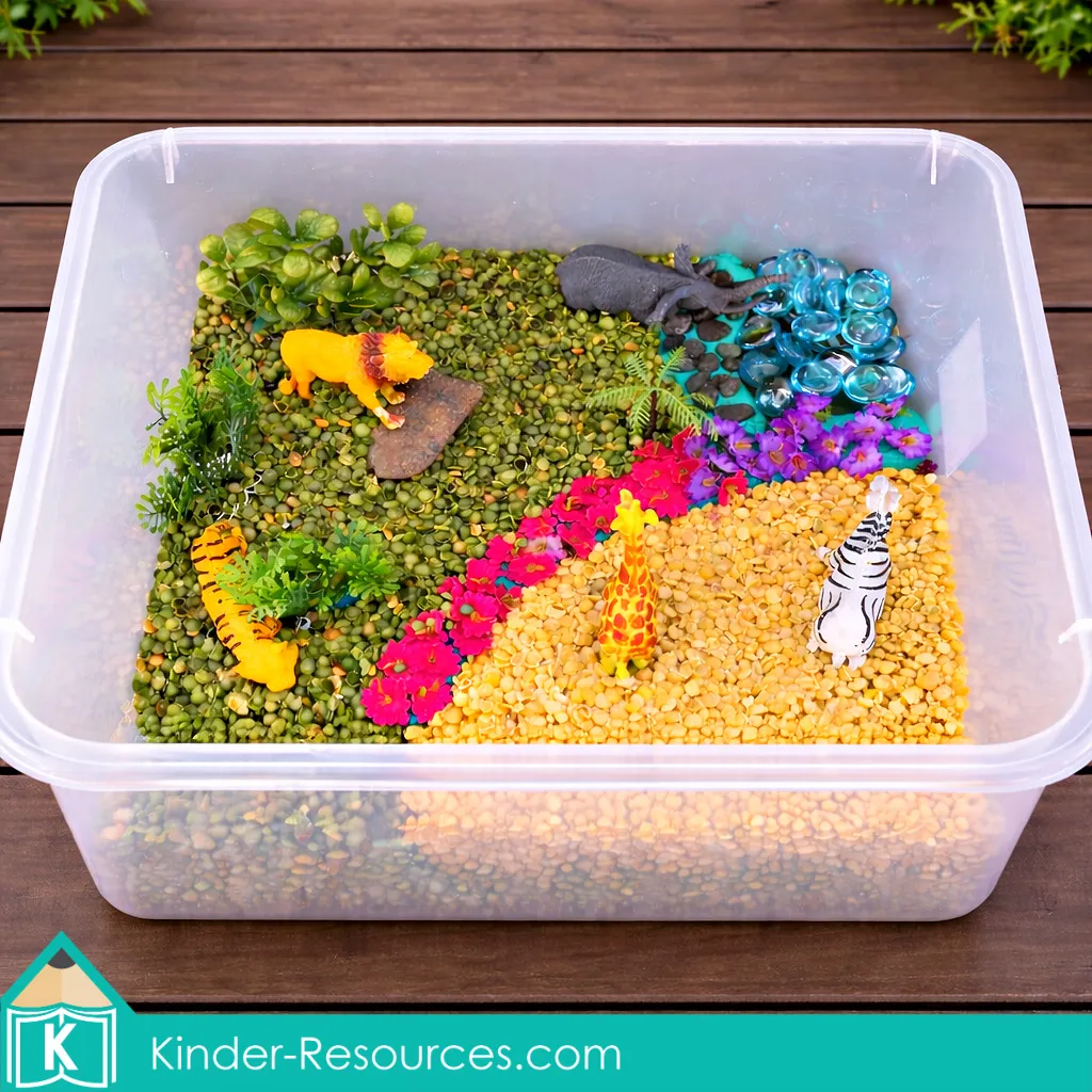 Creation Day 6 land animals sensory bin with grass, rocks, and animal figures for preschool Bible lesson about God making land animals