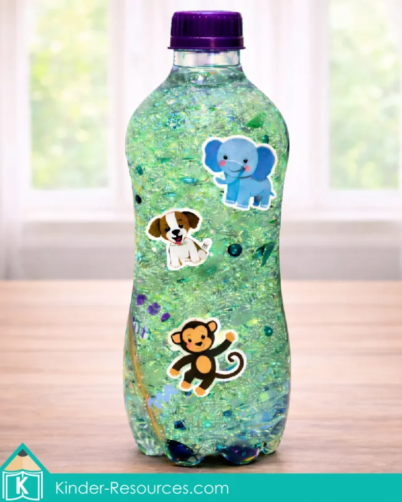 Creation Day 6 land animals sensory bottle with elephant, dog, and monkey used in a preschool Bible lesson about God making land animals