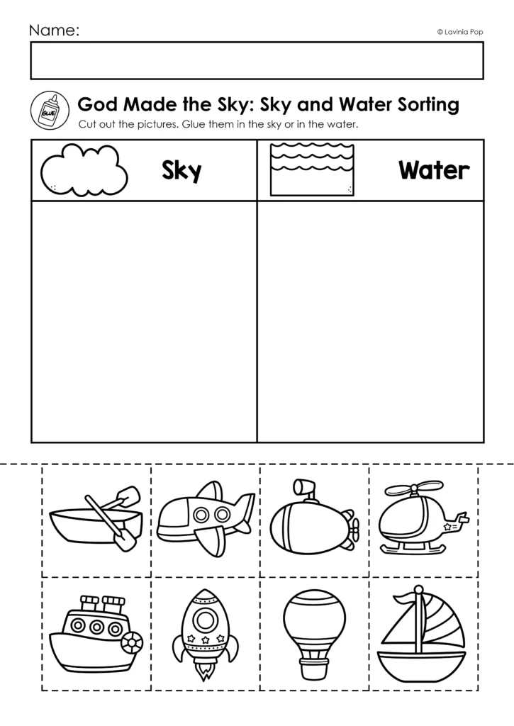 God Made the Sky sky and water sorting worksheet for preschool with cut and paste pictures