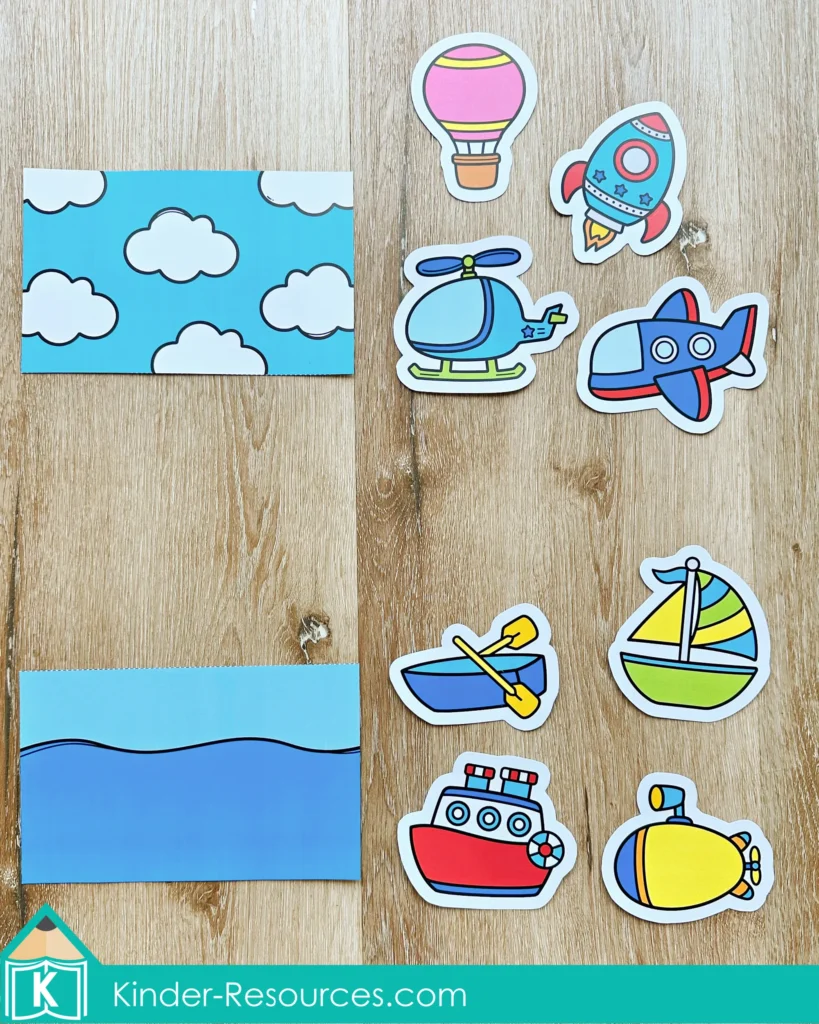 Preschool Bible Lesson God Made the Sky sorting cards separated into sky objects and water objects