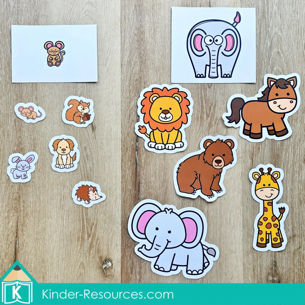 Sorting big and small land animals activity for Creation Day 6 preschool Bible lesson about God making land animals