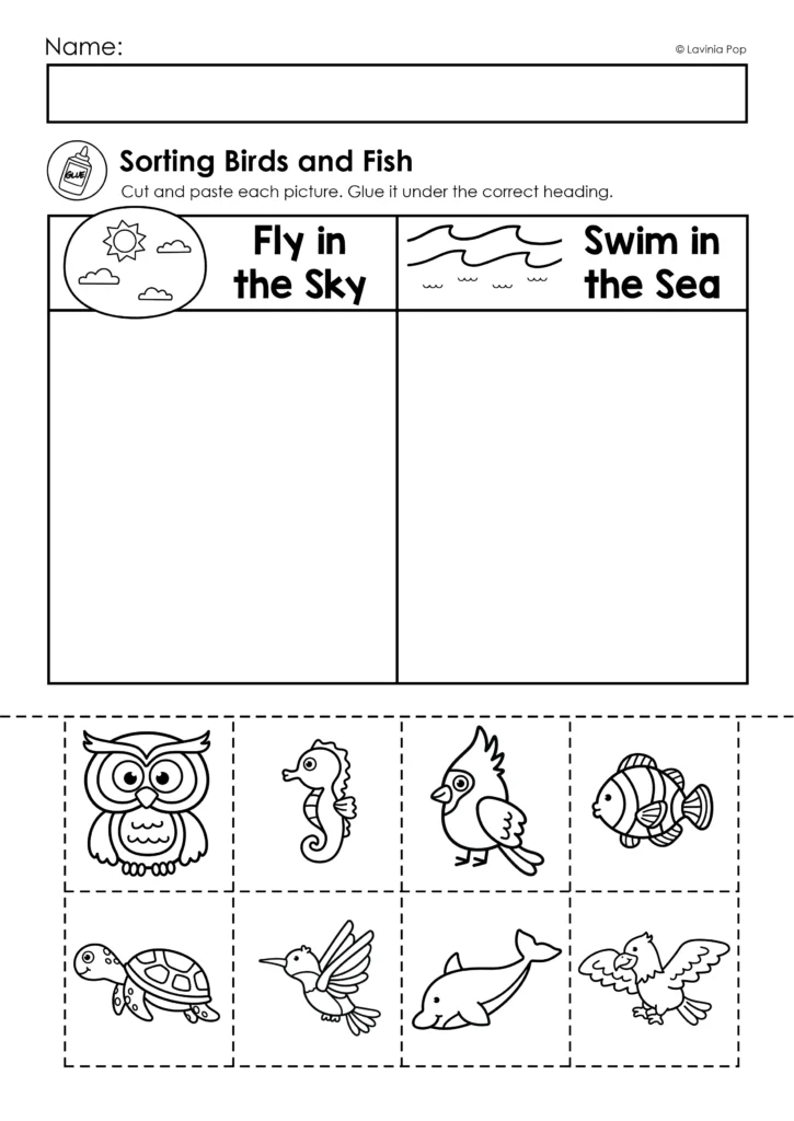 Preschool Bible Lesson God Made the Birds and Fish Sorting Worksheet