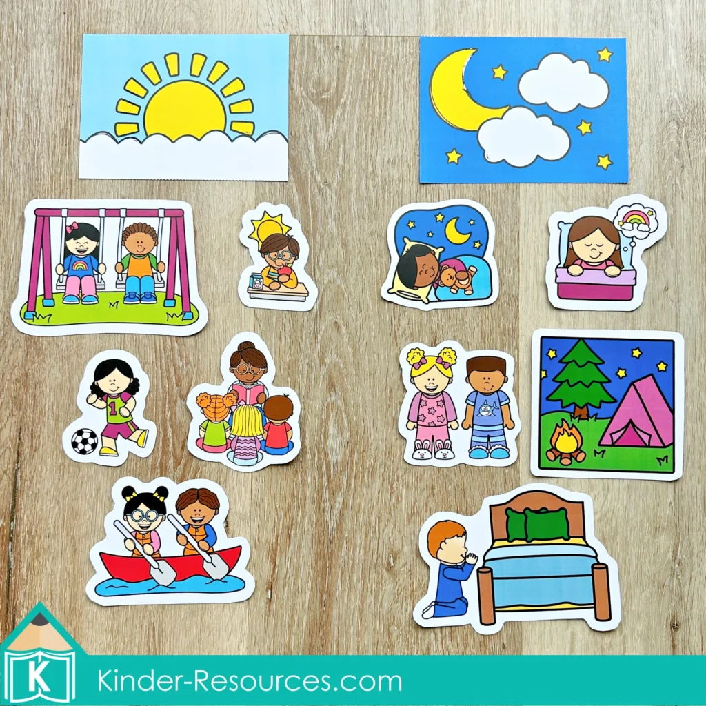 Preschool Bible Lesson God Made the Sun Moon and Stars day and night sorting activity with picture cards for daytime and nighttime activities