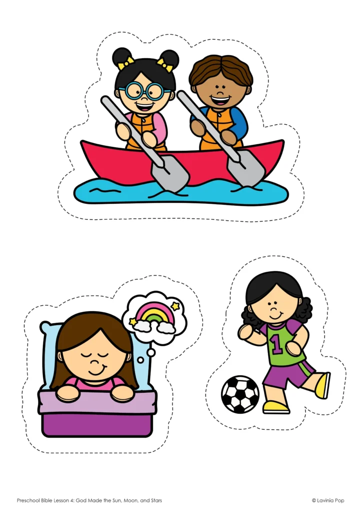 Preschool Bible Lesson God Made the Sun Moon and Stars day and night sorting picture cards showing daytime and nighttime activities for preschoolers