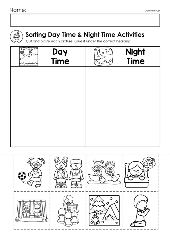 Preschool Bible Lesson God Made the Sun Moon and Stars Day and Night Sorting Worksheet