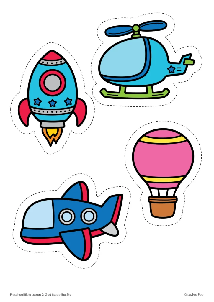 God Made the Sky preschool sorting cards with rocket, helicopter, airplane, and hot air balloon for sky activities