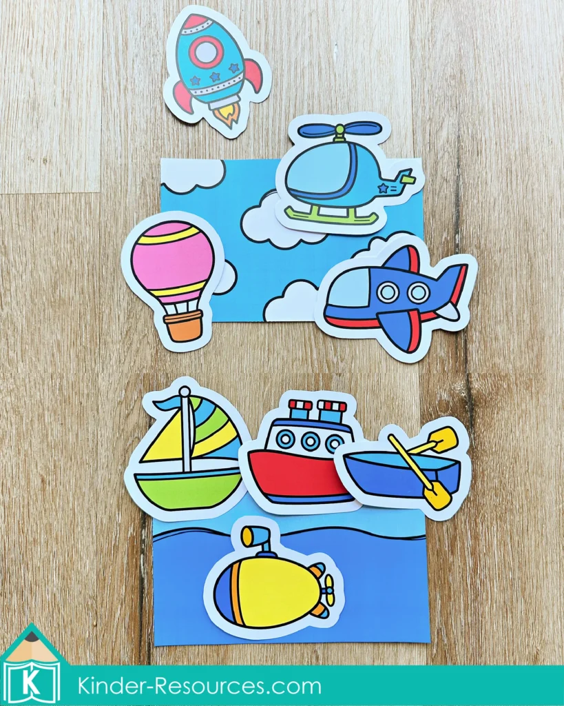 Preschool Bible Lesson God Made the Sky sorting cards separated into sky objects and water objects