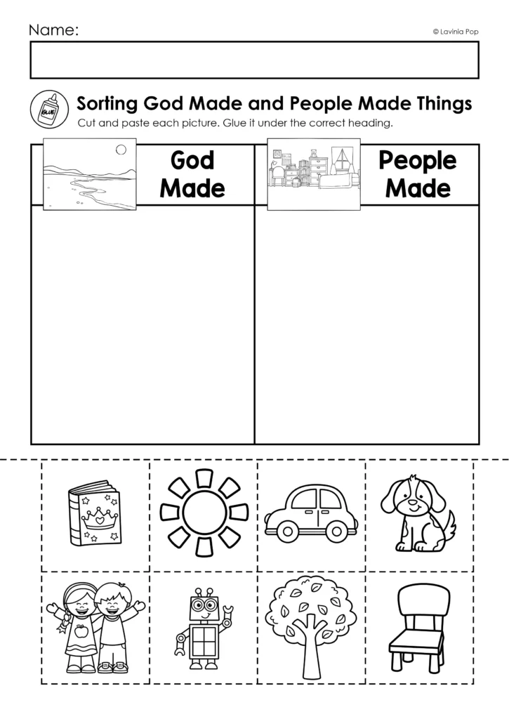 God Made and People Made sorting worksheet with cut and paste pictures for Creation Day 6 preschool Bible lesson