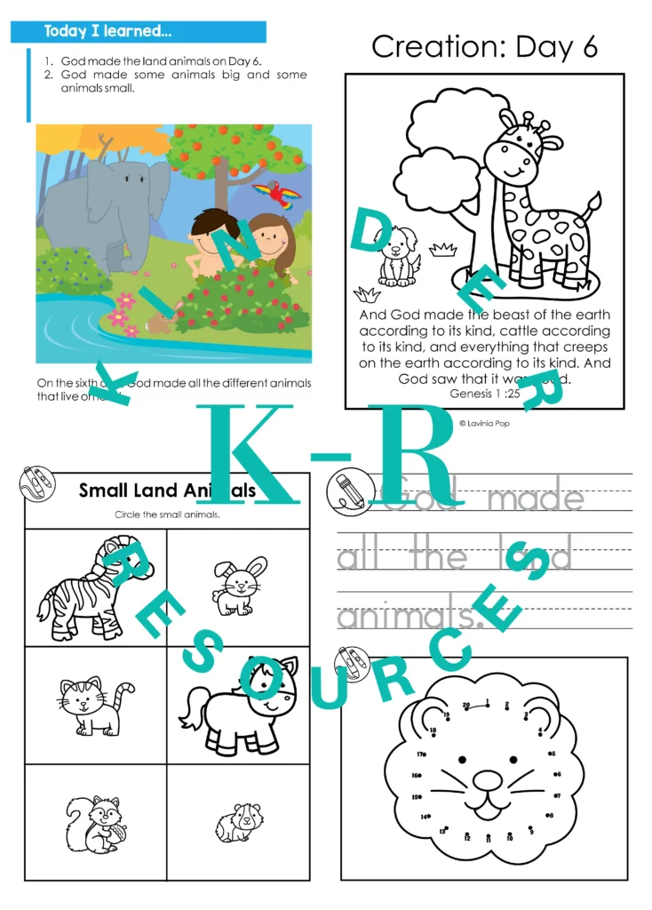 Creation Day 6 land animals take home booklet page showing God made big and small land animals