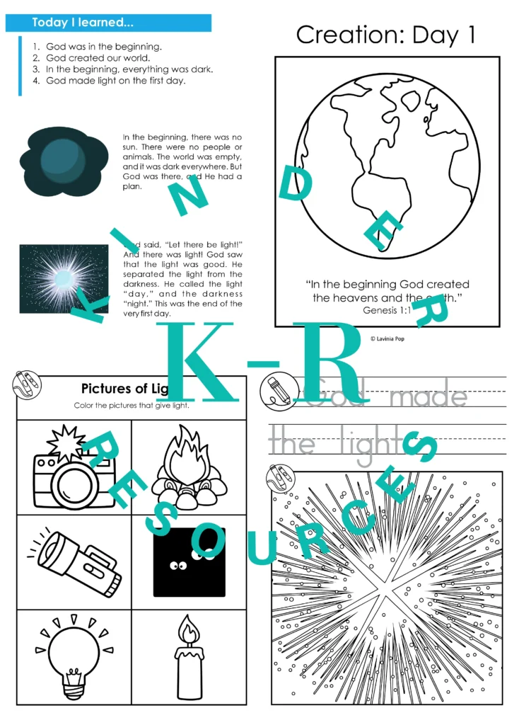 Preschool Bible Lesson God Made the Light Take Home Booklet Day 1