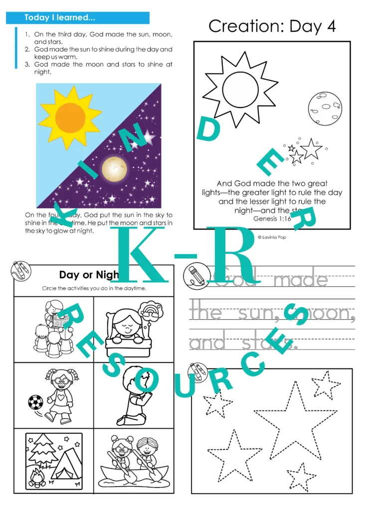 Preschool Bible Lesson God Made the Sun Moon and Stars take home booklet page with day and night visuals and simple Creation Day 4 sentences